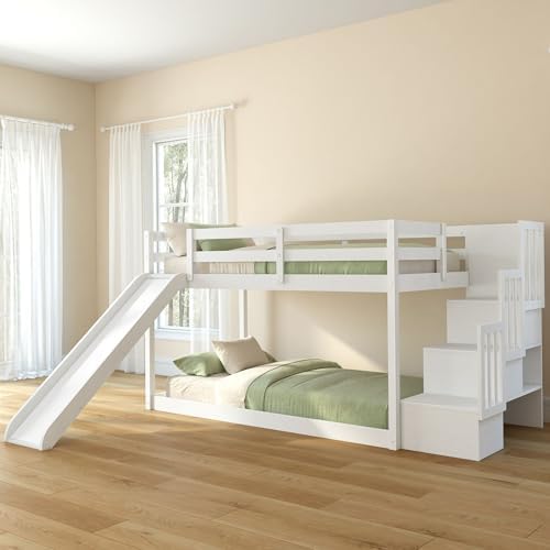 Grain & Grove Bear Twin Over Twin Low Bunk Bed with Slide, with Staircase, Brushed White