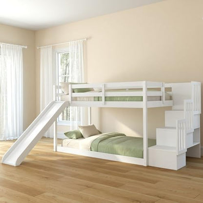 Grain & Grove Bear Twin Over Twin Low Bunk Bed with Slide, with Staircase, Brushed White