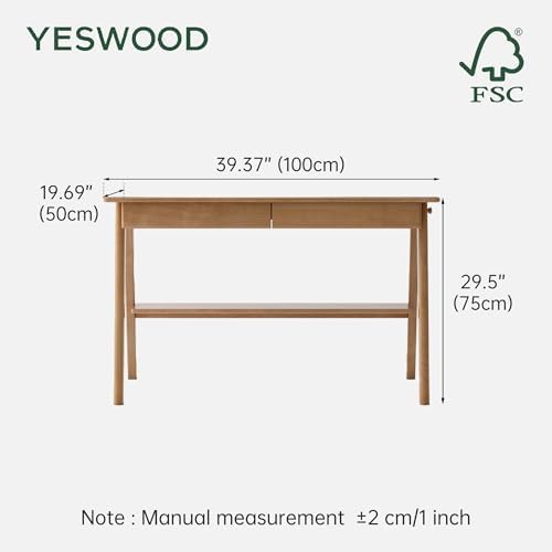 100% Solid Wood Desk with Drawers, Mid Century Modern Oak Desk, Home Office Computer Desk for Study Writing 39.37" W