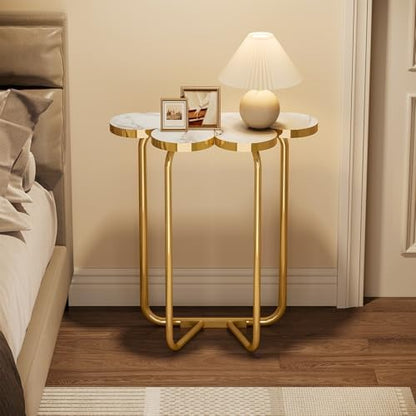 Tribesigns Narrow Side Table, Half-Flower Accent Side Table with Stylish Gold Frame, White and Gold End Tables, 26-Inch Tall Faux Marble Nightstand for Bedroom