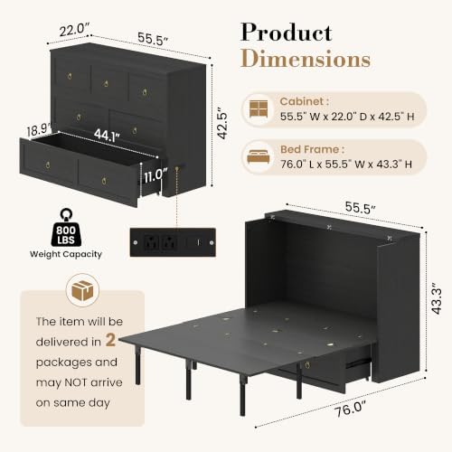 Full Murphy Bed with Hidden Storage, Farmhouse Cabinet Bed with Storage Drawer, RGB LED Lights & Charging Station, Space-Saving Wall Bed with 6 Metal Legs, Black