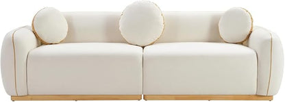 91'' Chenille Cloud Couch, 3 Seater Modern Luxury Sofa with 3 Round Pillows, Solid Wood Base, Easy Assembly, Plush Comfy Upholstered Couch for Living Room, Apartment (Cream White)