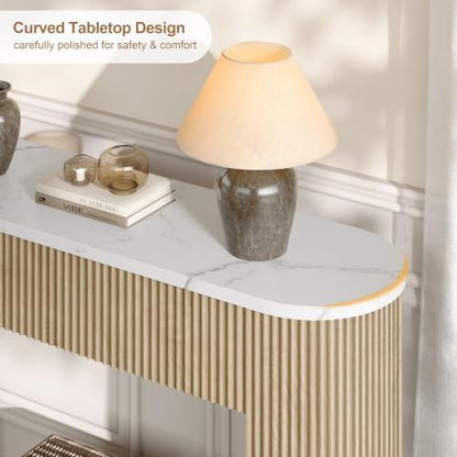 47" Console Table, Fluted Sofa Table with Sturdy Construction, Small Curved Entryway Table for Entrance, Behind The Couch, Hallway, Living Room, Foyer（Faux Marble White+Natural）