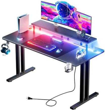 HLDIRECT 47 Inch Gaming Desk with LED Lights & Cable Management, Black