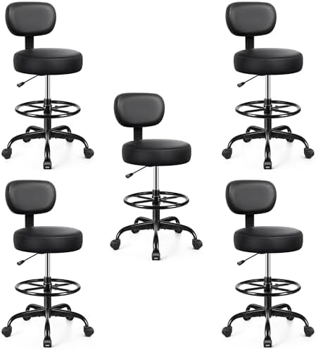 Drafting Chair with Backrest – Adjustable Foot Rest Rolling Stool with Wheels, PU Leather Swivel Stool for Office Spa Studio Lab Counter Salon Home Work Bar Kitchen Shop(Black), Pack of 5
