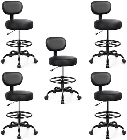 Drafting Chair with Backrest – Adjustable Foot Rest Rolling Stool with Wheels, PU Leather Swivel Stool for Office Spa Studio Lab Counter Salon Home Work Bar Kitchen Shop(Black), Pack of 5