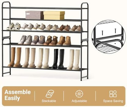 3-Tier Long Shoe Rack for Closet Metal Shoe Organizer for Entryway, Wide Stackable Shoe Storage Shelf with Sturdy Wire Grid for Closet Floor, Bedroom, Black