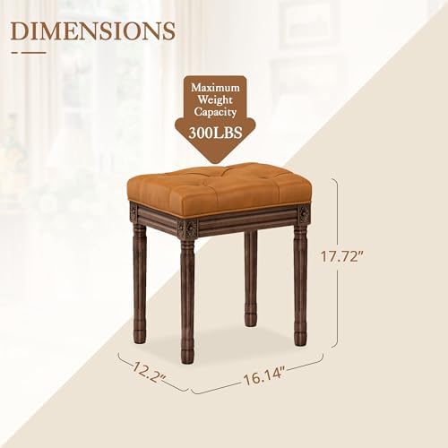 LUE BONA Upholstered Fabric Vanity Bench Seat, Makeup Stools for Vanity, Square Tufted Ottoman Bench with Carved Dark Brown Color Legs for Bedroom Living Room, Whiskey Brown