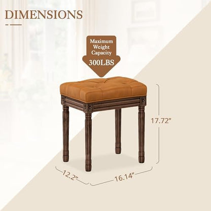 LUE BONA Upholstered Fabric Vanity Bench Seat, Makeup Stools for Vanity, Square Tufted Ottoman Bench with Carved Dark Brown Color Legs for Bedroom Living Room, Whiskey Brown