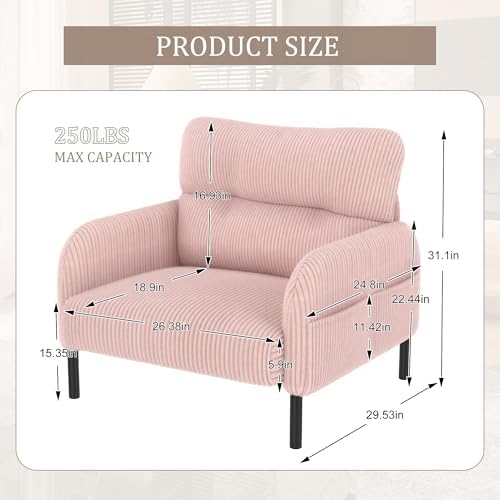 26" Corduroy Single Sofa Chair with Double Side Pockets & High Resilience Cushion, Modern Ergonomic Design Upholstery Oversized 1-Seater Accent Chair, Easy Assembly, for Living Room, Pink