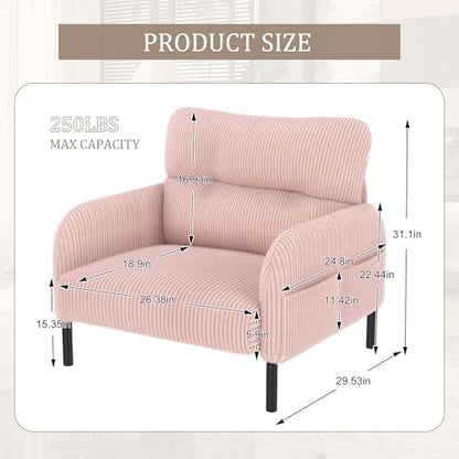 26" Corduroy Single Sofa Chair with Double Side Pockets & High Resilience Cushion, Modern Ergonomic Design Upholstery Oversized 1-Seater Accent Chair, Easy Assembly, for Living Room, Pink