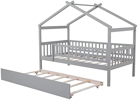 Merax Twin Size Wooden House Bed with Twin Size Trundle, Wood Bed Frame with Roof and Safety Guardrail for Kids, Teens, Boys or Girls, Grey