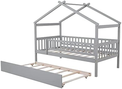 Merax Twin Size Wooden House Bed with Twin Size Trundle, Wood Bed Frame with Roof and Safety Guardrail for Kids, Teens, Boys or Girls, Grey