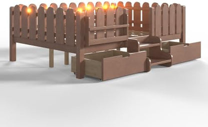 Bellemave Full Size Platform Bed with Storage Drawers & Bookshelf for Boys Girls, Kids Full Bed Frame with LED Lights & Stairs for Children's Room, Deep Natural