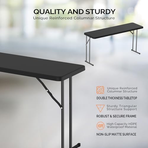 VINGLI 5 FT Narrow Folding Table,Premium Quality HDPE Material and Sturdy Metal Frame, Perfect for Buffet, Seminar, Party, Training, Home Work, Black