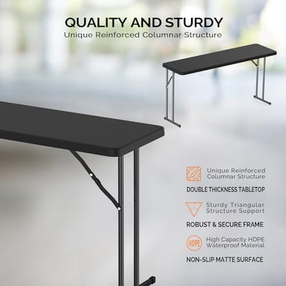 VINGLI 5 FT Narrow Folding Table,Premium Quality HDPE Material and Sturdy Metal Frame, Perfect for Buffet, Seminar, Party, Training, Home Work, Black