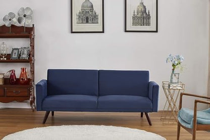 Container Furniture Direct 72 Inch Retro Convertible Futon Sofa Bed with Velvet Upholstery, Mid Century Modern 2-in-1 Sleeper Couch with Reclining Backrest, Solid Wood Frame, Dark Blue