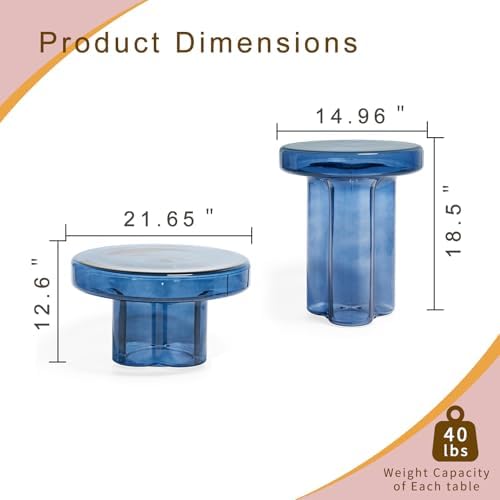 Round End Table with Tempered Glass, Small Side Table for Living Room Bedroom, W14.96in Light Blue