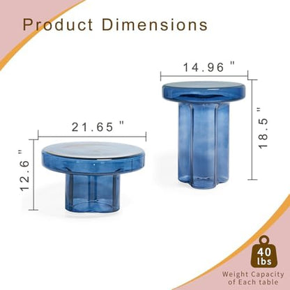 Round End Table with Tempered Glass, Small Side Table for Living Room Bedroom, W14.96in Light Blue