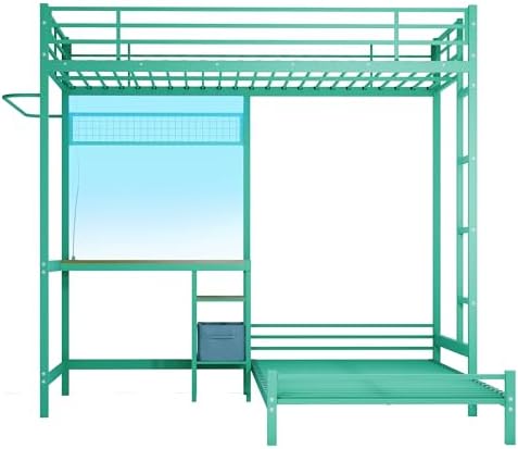 Bellemave Twin Over Twin bunk Bed with Desk and LED Charging Station, loft Bed with Desk and Shelves Drawer, Twin Over Twin Metal Bunk Beds with Storage, Green