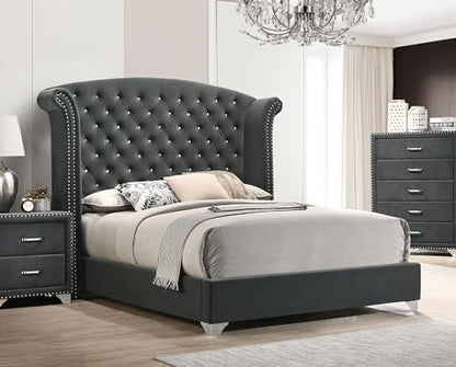 Coaster Melody Queen Velvet Wingback Bed with Nailhead Trim, Grey 223381Q