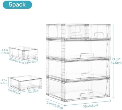 Vtopmart Clear Stackable Storage Drawers, 5 Pack Wide Storage Set