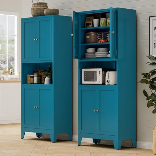 Bevivog Tall Pantry Cabinet with Microwave Shelf, 69" Metal Storage Cabinet with 4 Doors and Adjustable Shelves,Freestanding Metal Kitchen Hutch Cabinet, Blue Pantry Closet Storage Shelves with Doors