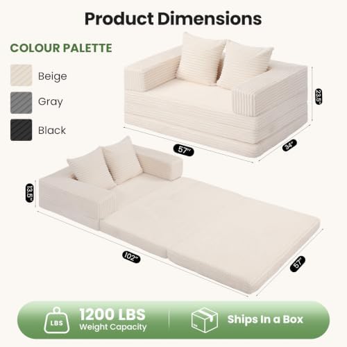 57" Convertible Sofa Bed，Modular Corduroy Boneless Loveseat with Removable Armrests Backrest，Folding Mattress Couch No Assembly Needed for Apartment Bedroom and Small Place （Beige）