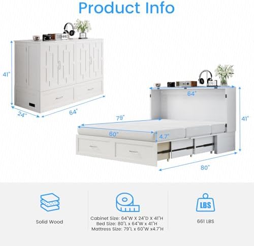 PUREMIND Queen Murphy Bed Cabinet with Tri-Fold Mattress
