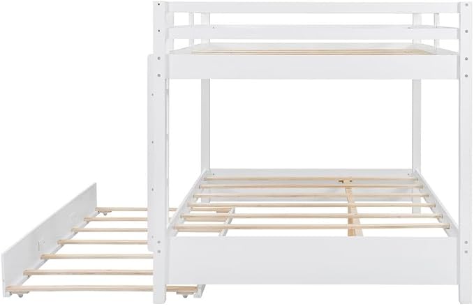 Merax Queen Size Bed with Trundle - Space-Saving Solid Wood Frame, Built-in Safety Rails and Ladderm, White