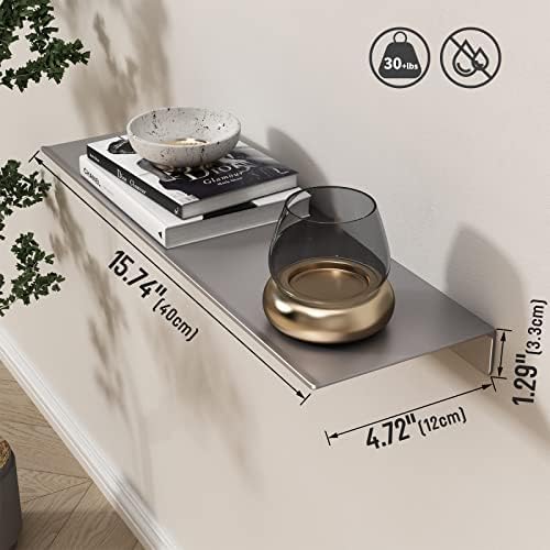 16 inch Gray Floating Shelf for Wall Organizer & Storage, Display Shelf, Metal Wall Shelf for Bathroom, Living Room, Kitchen, Bedroom