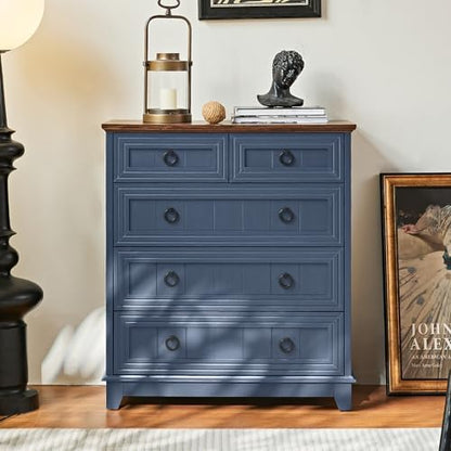 Joaxswe Farmhouse 5 Drawer Dresser for Bedroom Set of 2, 33.2" Tall Small Dressers & Chest of Drawers, Rustic Wood Dresser with Metal Handle, Storage Organizer Closet for Living Room, Hallway,Entryway