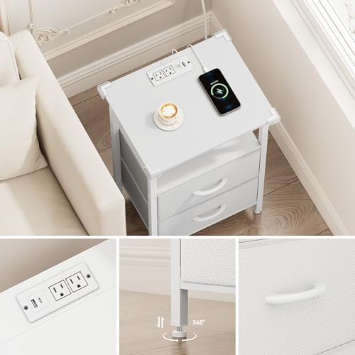 Vagusicc Nightstand Set of 2 with Charging Station, Bed side tables bedroom set of 2 with LED Lights, White Night Stands with 2 Fabric Drawers, 24.2" Tall Bedside Tables with Storage Shelf for Bedroom