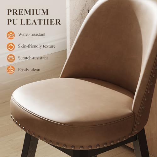MALOL Swivel Counter Height Bar Stools Set of 3, Tall Faux Leather Barstools, Modern Bar Chairs with Solid Back and Wood Legs for Kitchen Island，Brown