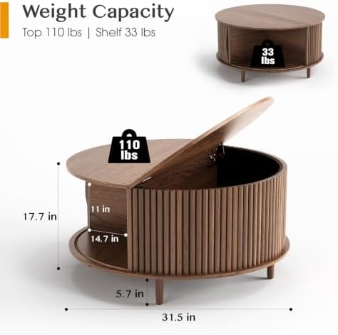 Round Coffee Table with Storage,31.5",Walnut