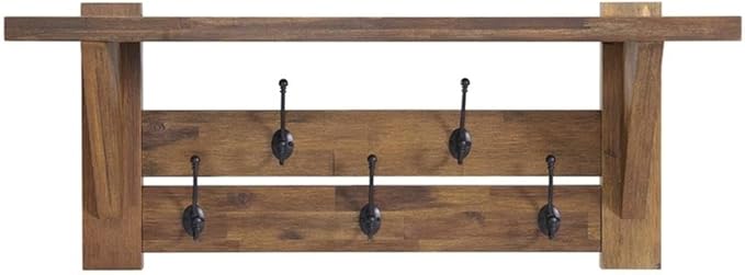 Alaterre Furniture Bethel Wall Mounted Coat Rack & Bench Set – Rustic 40-Inch Entryway Organizer with 5 Coat Hooks, Solid Wood Seat & Storage Shelves for Mudroom or Foyer (Natural Aged Brown)