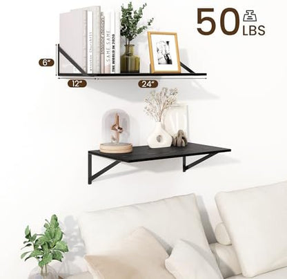 Floating Shelves for Wall, 12 Inch Deep Floating Shelves Set of 2, 24W x 12D Large Wall Shelf with Sturdy Metal Brackets for Living Room, Bathroom, Bedroom and Kitchen, Black