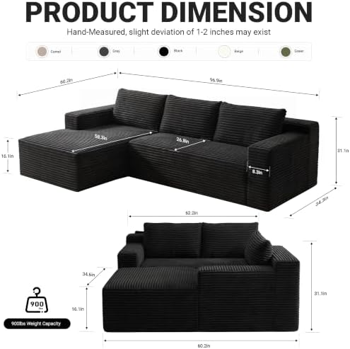 97" Cloud Boneless Couch, L-Shaped Sectional Sofa for Living Room, Black