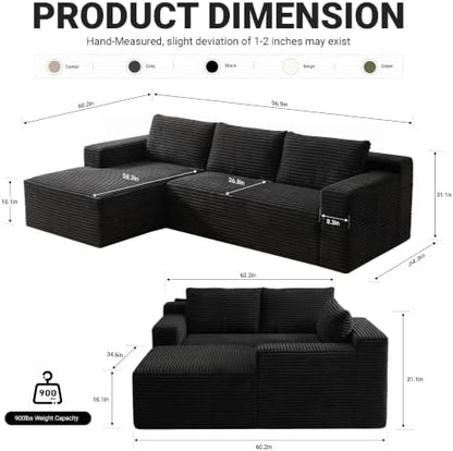 97" Cloud Boneless Couch, L-Shaped Sectional Sofa for Living Room, Black