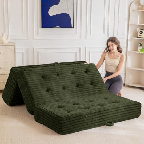 MAXYOYO Folding Sofa Couch Bed, 6 Inch Tri-Fold Floor Sofa Bed, Folding Mattress with Handles, Soft Faux Fur Folding Bed with Supportive Foam Filling, Portable Couch for Living Room, Queen, Dark Green