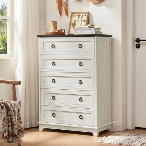 Joaxswe Farmhouse 5 Drawer Dresser for Bedroom Set of 2, 42" Tall Small Dressers & Chest of Drawers, Rustic Wood Dresser with Metal Handle, Storage Organizer Closet for Living Room, Hallway,Entryway