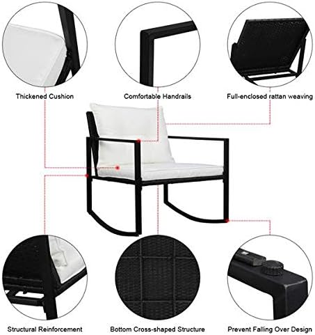 3 Pieces Patio Furniture Set, Outdoor Swivel Gliders Rocker, Glass Top Side Table and Thickened Cushions for Porch Deck Backyard (Black Vine)