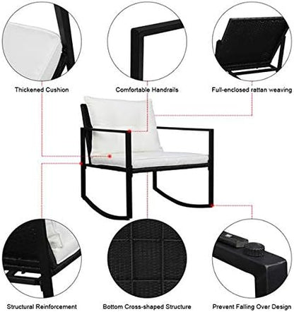 3 Pieces Patio Furniture Set, Outdoor Swivel Gliders Rocker, Glass Top Side Table and Thickened Cushions for Porch Deck Backyard (Black Vine)