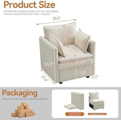 Modular Sectional Storage Sofa, 30" Cloud Deep Seat Accent Chair, Beige