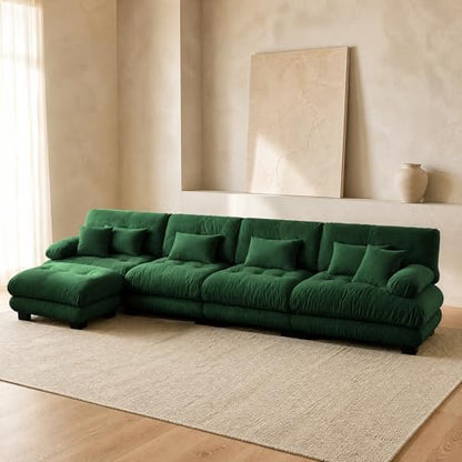 173.2" Chenille Cloud Couch, L Shaped Sofa Couch Ottoman, Green