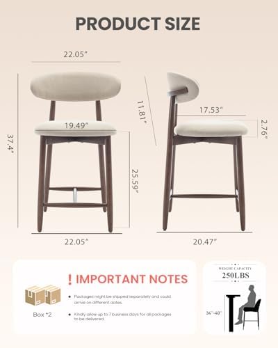 COLAMY Counter Height Bar Stools Set of 4, Kitchen Bar Stools with Back, Mid Century Modern Upholstered, with Wood Legs for Kitchen Island Dining Room, Beige