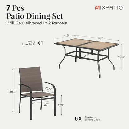MIXPATIO 7pc Patio Dining Set, 60" Metal Table(PVC Top), 6 Brown Chairs