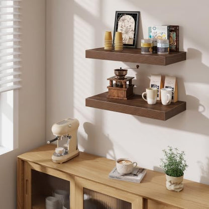 24 Inch Floating Shelves Wall-Mounted, 12 Inch Deep Wall Shelves, 24 x 12 Floating Shelf, Deep Storage Shelf for Living Room Bathroom Bedroom, Walnut, Set of 2