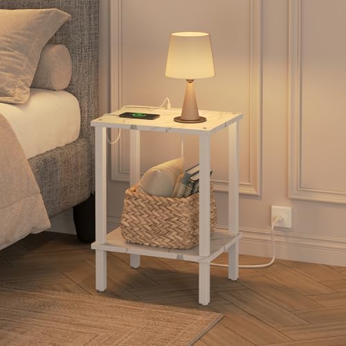 TUTOTAK End Table with Charging Station, Side Table Set of 2, Nightstand