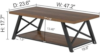 EXCEFUR Modern Coffee Table, Industrial Living Room Center Table with Storage Shelf, Rectangle Wood and Metal Cocktail Tea Table, Rustic Walnut, 47 Inch